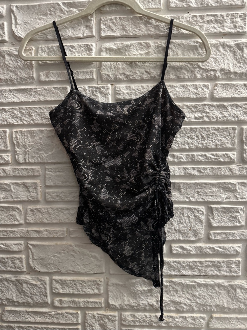 I Joah Black Lace Mesh Asymmetrical Ruched Cami Top Y2K